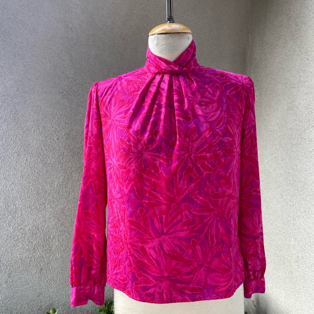 Vintage 80s preppy blouse floral hot pink sz 4 Petite by Anna Kriste